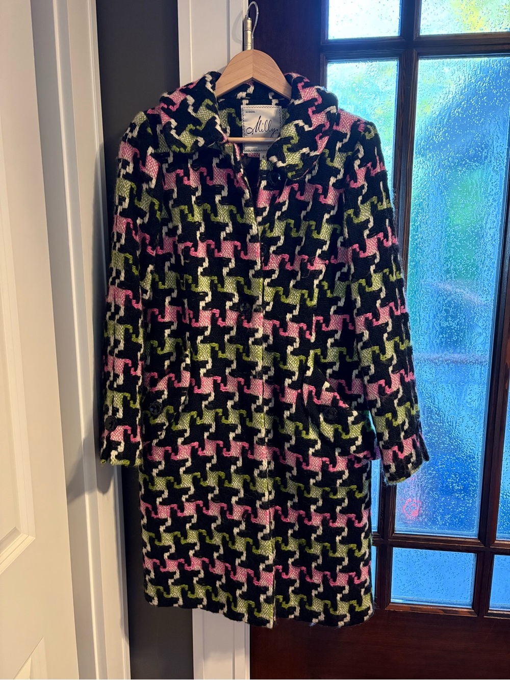 Milly of New York Pink, Green & Black Houndstooth Wool-Blend Coat size 4